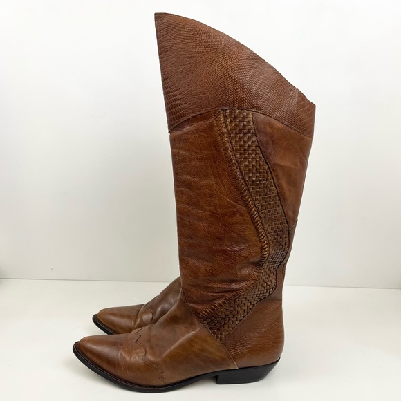 1st Edition Brown Woven Braided Leather Cowboy Boots Women’s Size 8 - Picture 2 of 15